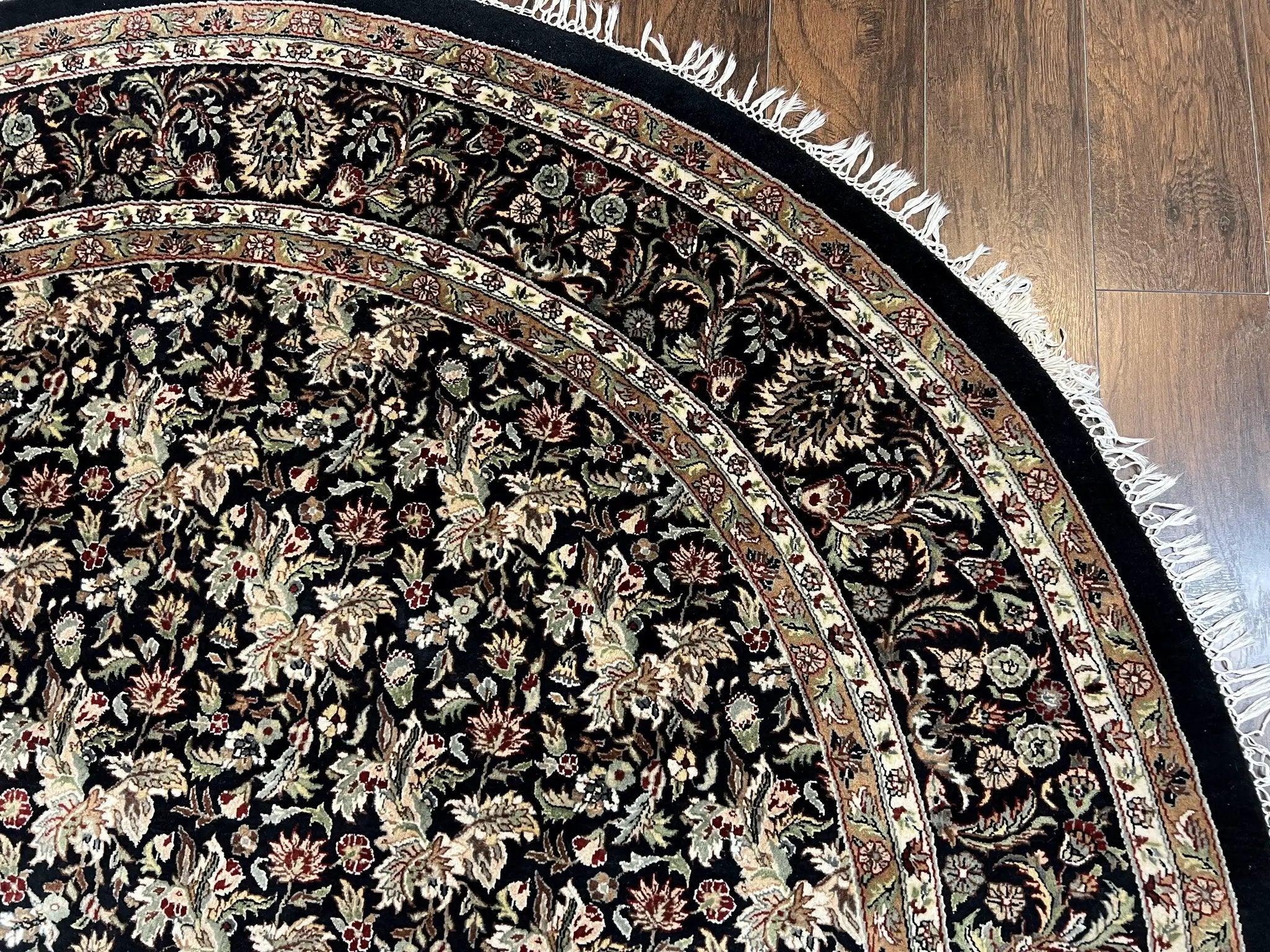 Round Oriental Rug 8x8 ft, William Morris Floral Pattern Carpet, 8 x 8 ft Round Rug, Black Cream and Tan 8ft Round Handmade Indo Persian Rug by Jewel Rugs