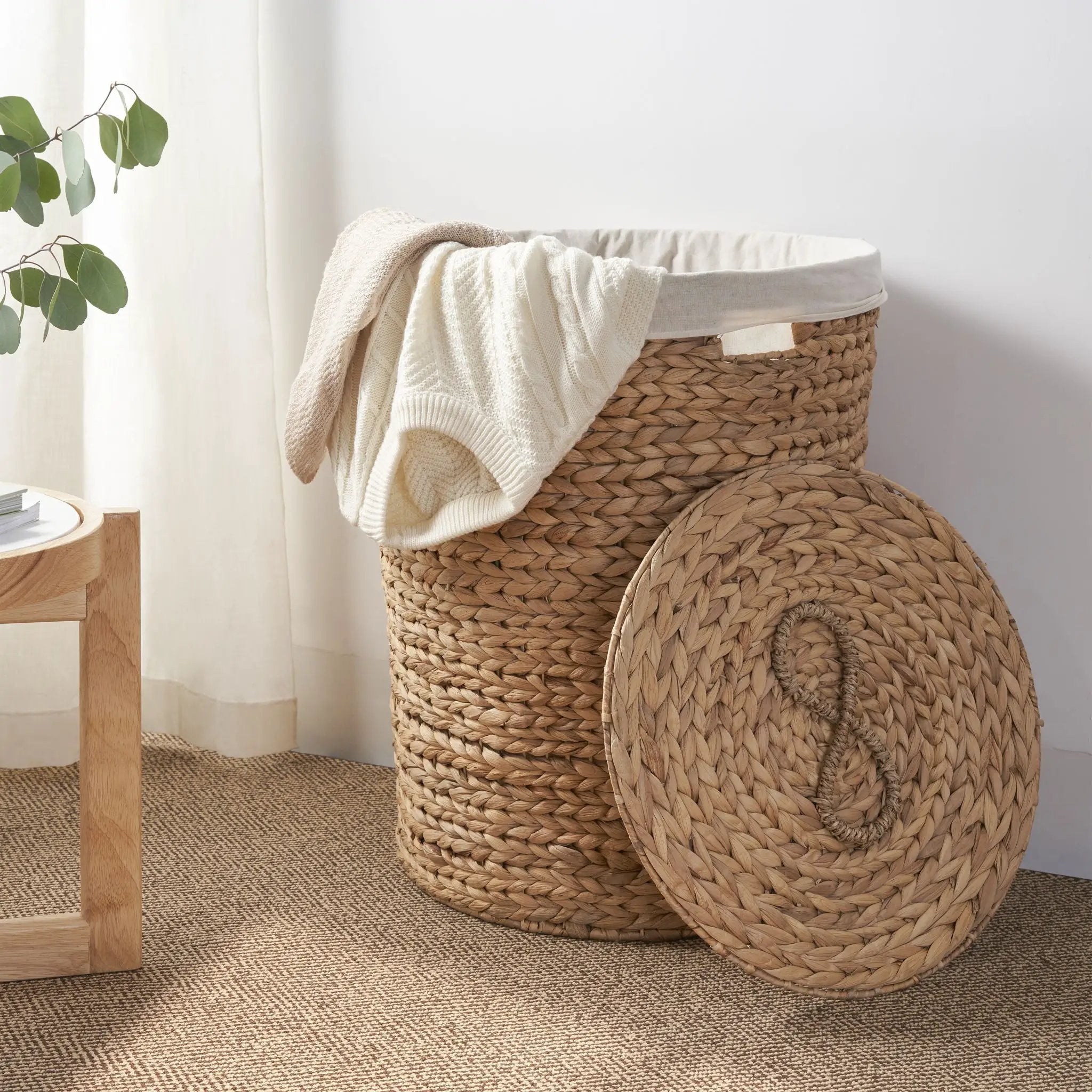 Ludmilla Round Tall Water Hyacinth Woven Wicker Laundry Hamper With Lid - For Clothes, Toys And Book Storage With Removable Liner - 18" X 18" X 23" - Natural Brown by Unique Piece Furniture