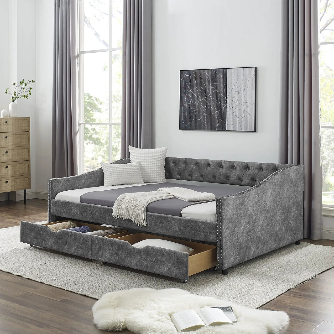 Upholstered Tufted Daybed With Drawers, Waved Arms by HouseOfZazla