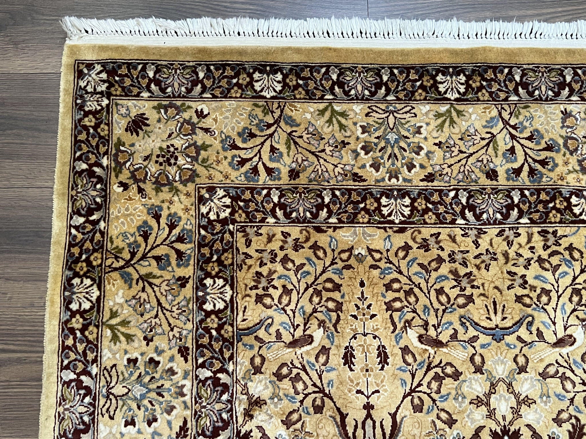 Pretty Indo Persian Rug 6x9, Allover Floral Motif with Birds, Tan/Cream, Very Fine Oriental Carpet, Hand Knotted Vintage Indian Wool Rug by Jewel Rugs
