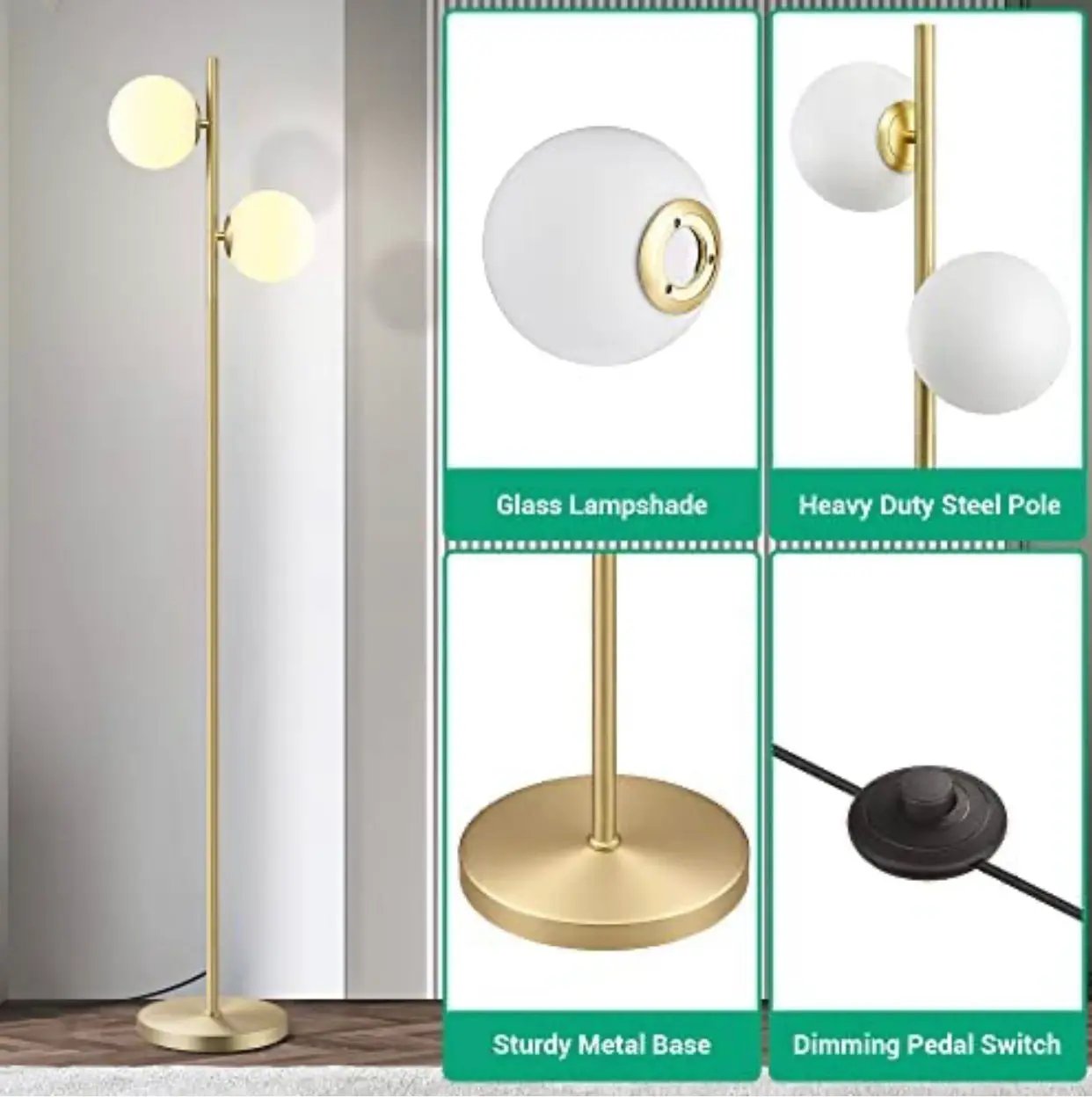 EDISHINE Modern Globe Floor Lamp, Dimmable Mid Century Floor Lamps by Outdoor Solar Outlet