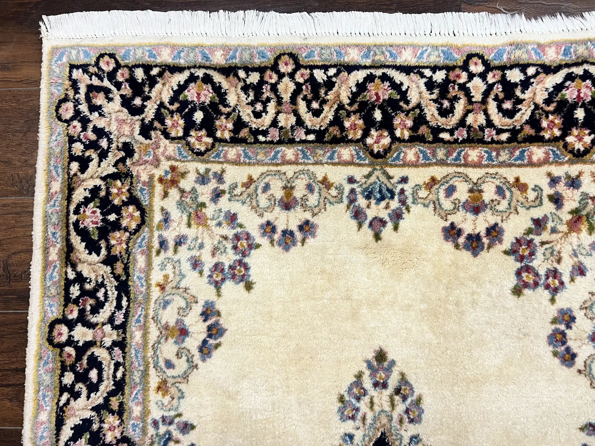 Persian Kirman Rug 4x7, Wool Hand Knotted Antique Carpet, Beige, Semi Open Field Medallion Rug, Traditional Handmade Oriental Rug by Jewel Rugs
