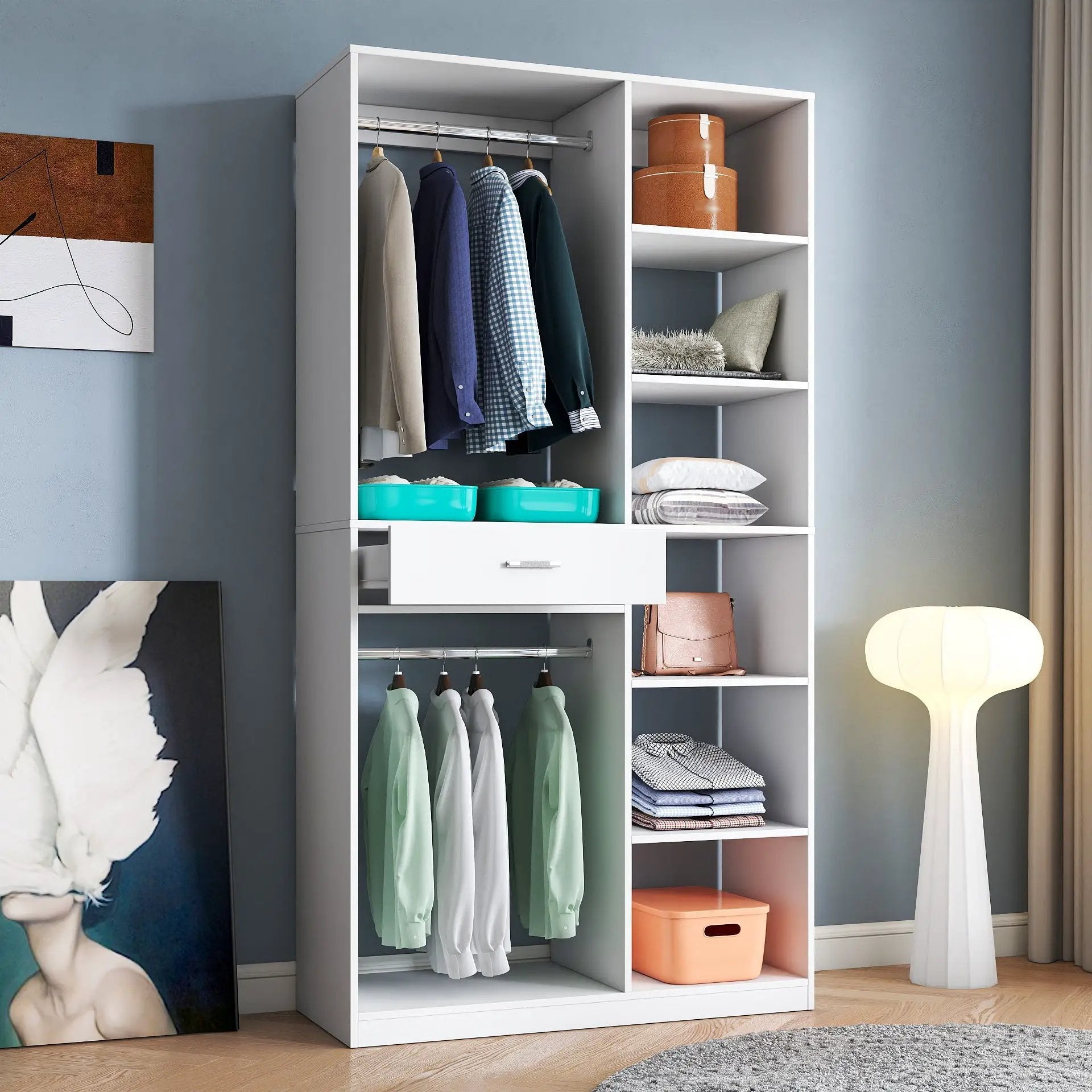 Freestanding Closet System with 6 Open Shelves and 2 Hanging Rods by HouseOfZazla