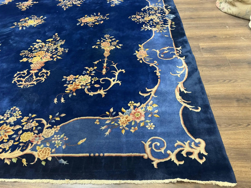 Blue Chinese Art Deco Rug 9x12, Vintage Antique Chinese Wool Rug, Chinese Fette Rug by Jewel Rugs