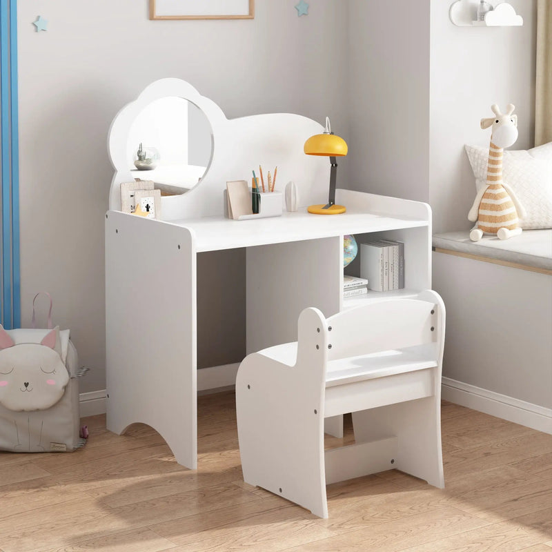 Kids Vanity Table With Mirror And Chair, Dressing Makeup Desk With Storage Shelves - White by Unique Piece Furniture