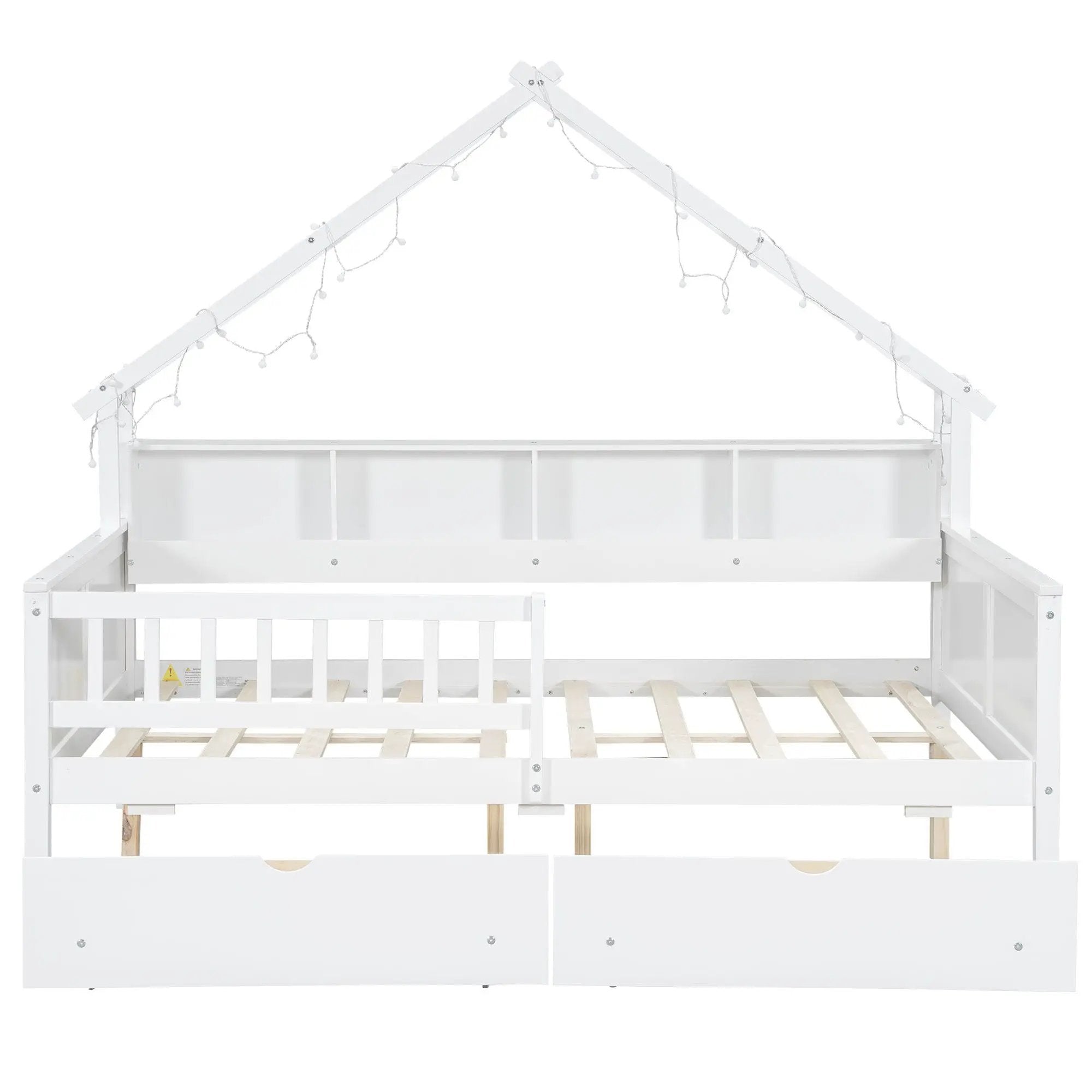House Style Platform Bed With LED Lights, Storage Shelves, Drawers, And Guardrail by HouseOfZazla