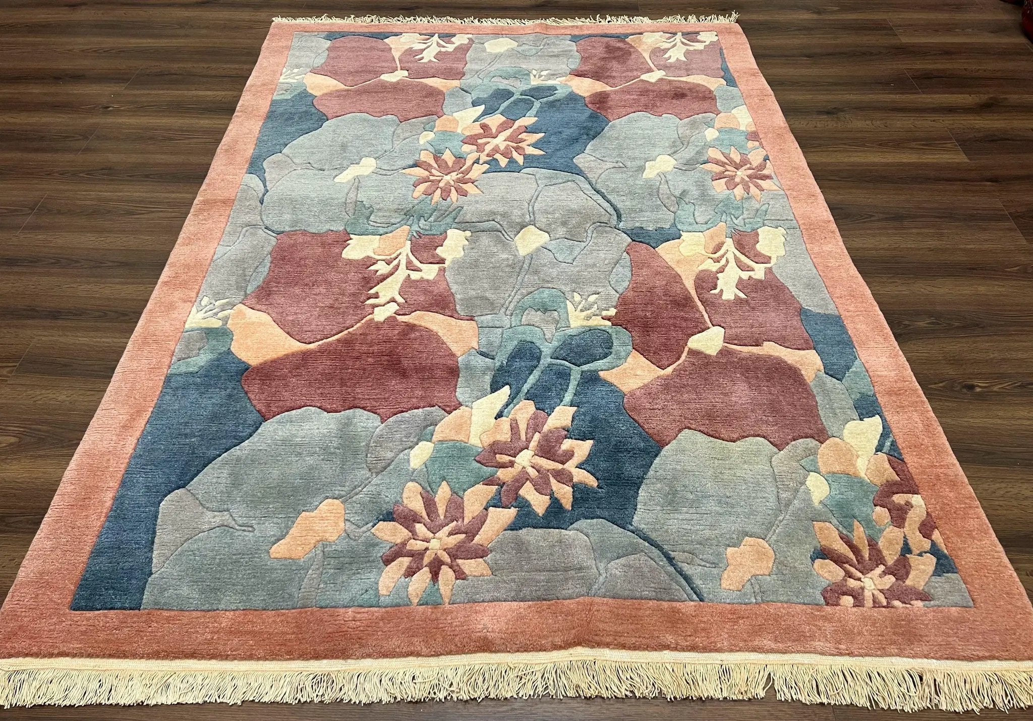 Modern Tibetan Rug 5.7 x 7.9, Abstract Multicolor Flower Pattern, Navy Blue Maroon Salmon, Soft Wool, Hand Knotted Contemporary Carpet 6x8 by Jewel Rugs