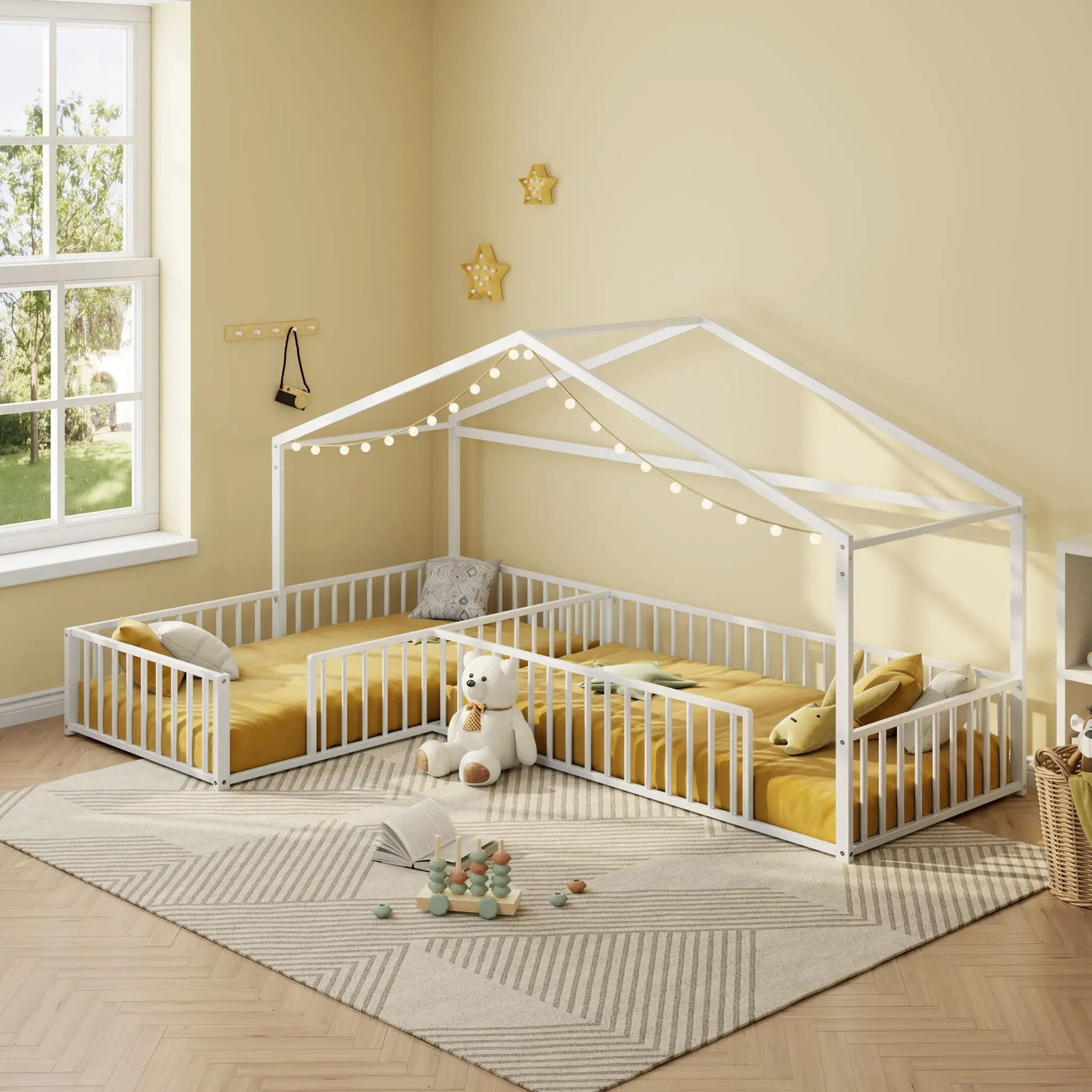 L-Shaped Montessori Bed For 2 Kids With Partitioned Fence by HouseOfZazla