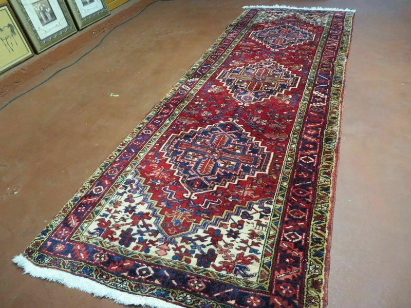 Persian Runner Rug, Heriz Runner Rug, Geometric Medallions, Red Cream Navy Blue Wool Hallway Rug 3.9 x 10.8 Antique Oriental Runner Handmade by Jewel Rugs
