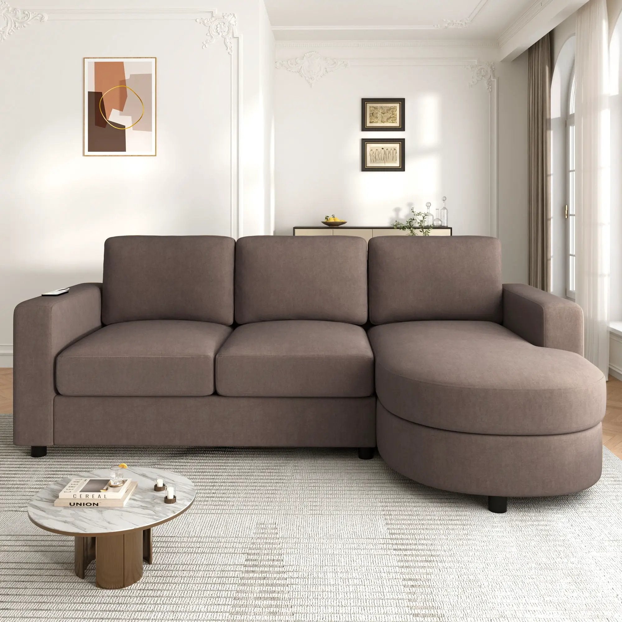 Modern L-Shaped Sectional Sofa With Curved Chaise, USB Ports, And Side Storage Pockets by HouseOfZazla