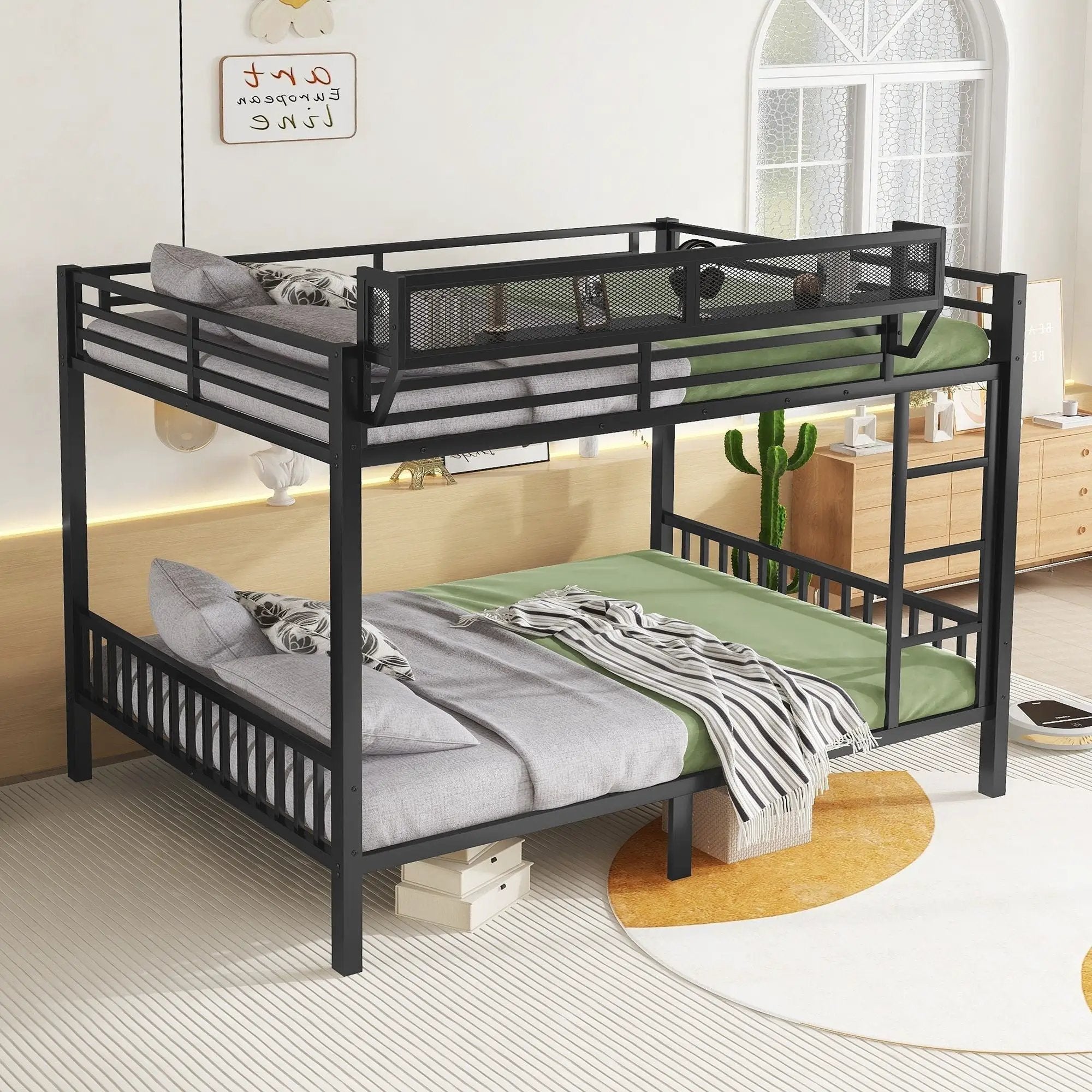Queen Over Queen Bunk Bed With Ladder And Storage Shelf - Black by HouseOfZazla