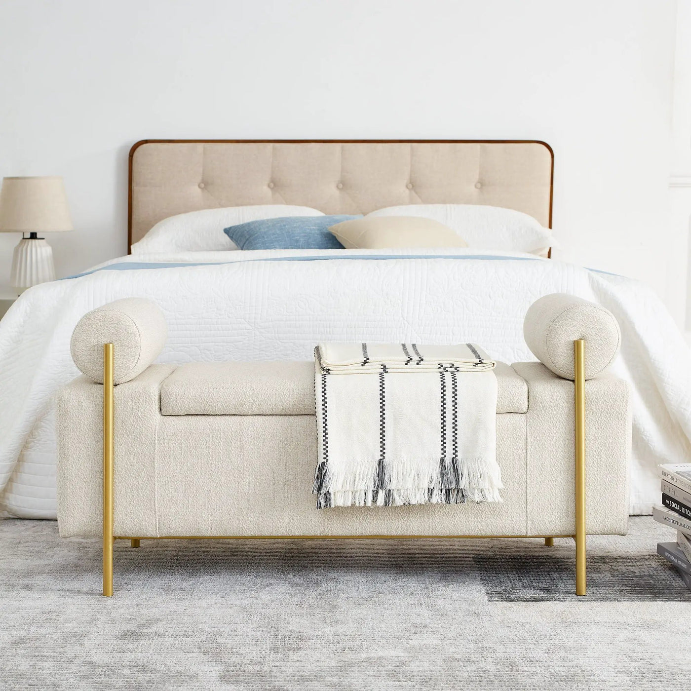 Elegant Upholstered Storage Bench With Cylindrical Arms And Iron Legs, by HouseOfZazla