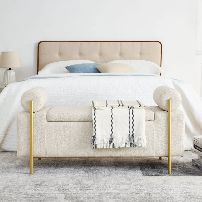 Elegant Upholstered Storage Bench With Cylindrical Arms And Iron Legs, by HouseOfZazla