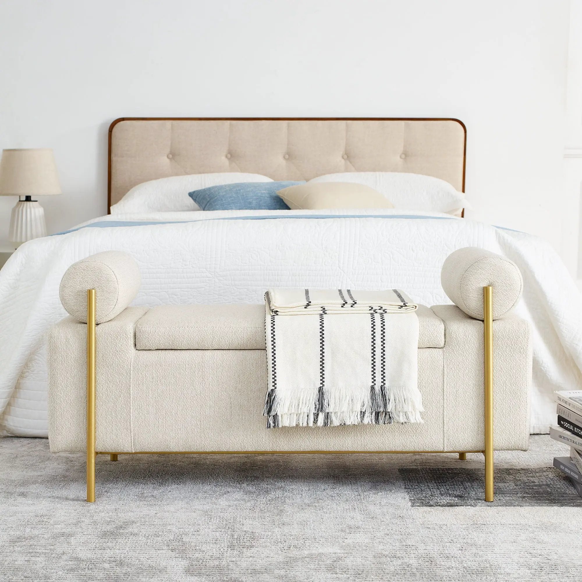 Elegant Upholstered Storage Bench With Cylindrical Arms And Iron Legs, by Unique Piece Furniture