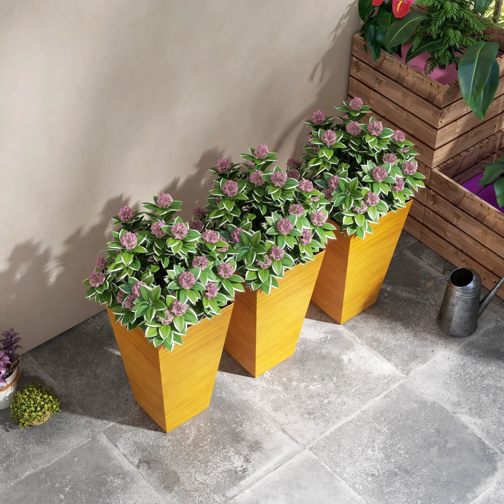 Outsunny - Outdoor Planters (Set of 3) Large Taper Planters With Drainage Holes And Plug, Faux Wood Plastic Flower Pots For Outdoor, Indoor, Garden, Patio by Unique Piece Furniture