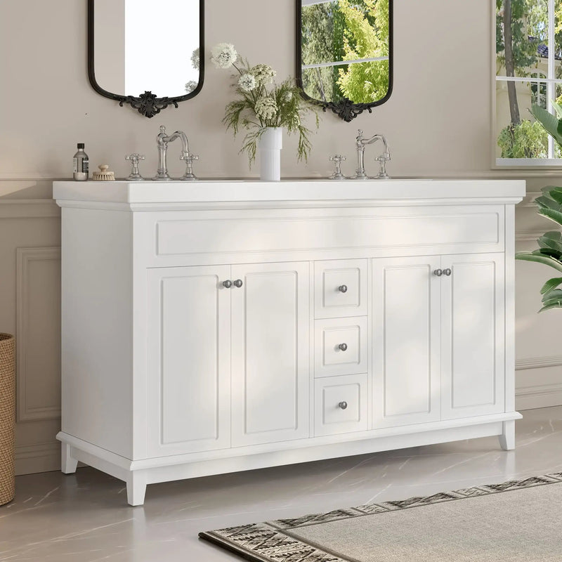 Bathroom Vanity With Double Sinks, 3 Drawers & 4 Doors - White