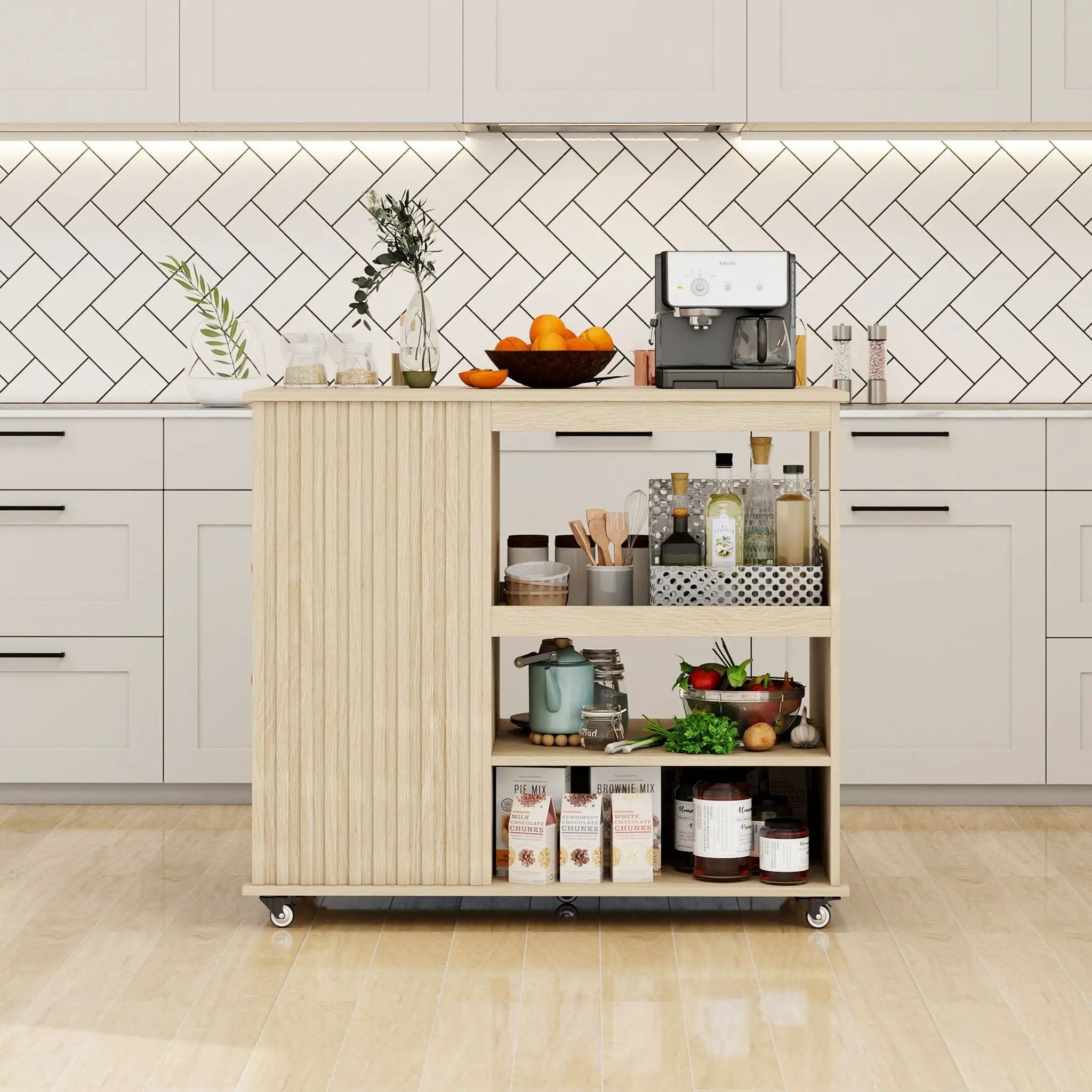 Kitchen Island Cart, Rolling Serving Utility Trolley Cart Modern Kitchen Island With Storage Drawer Wine Rack Lockable Casters, Kitchen Cart For Kitchen, Dining Room, Bar Living Room - Natural by HouseOfZazla