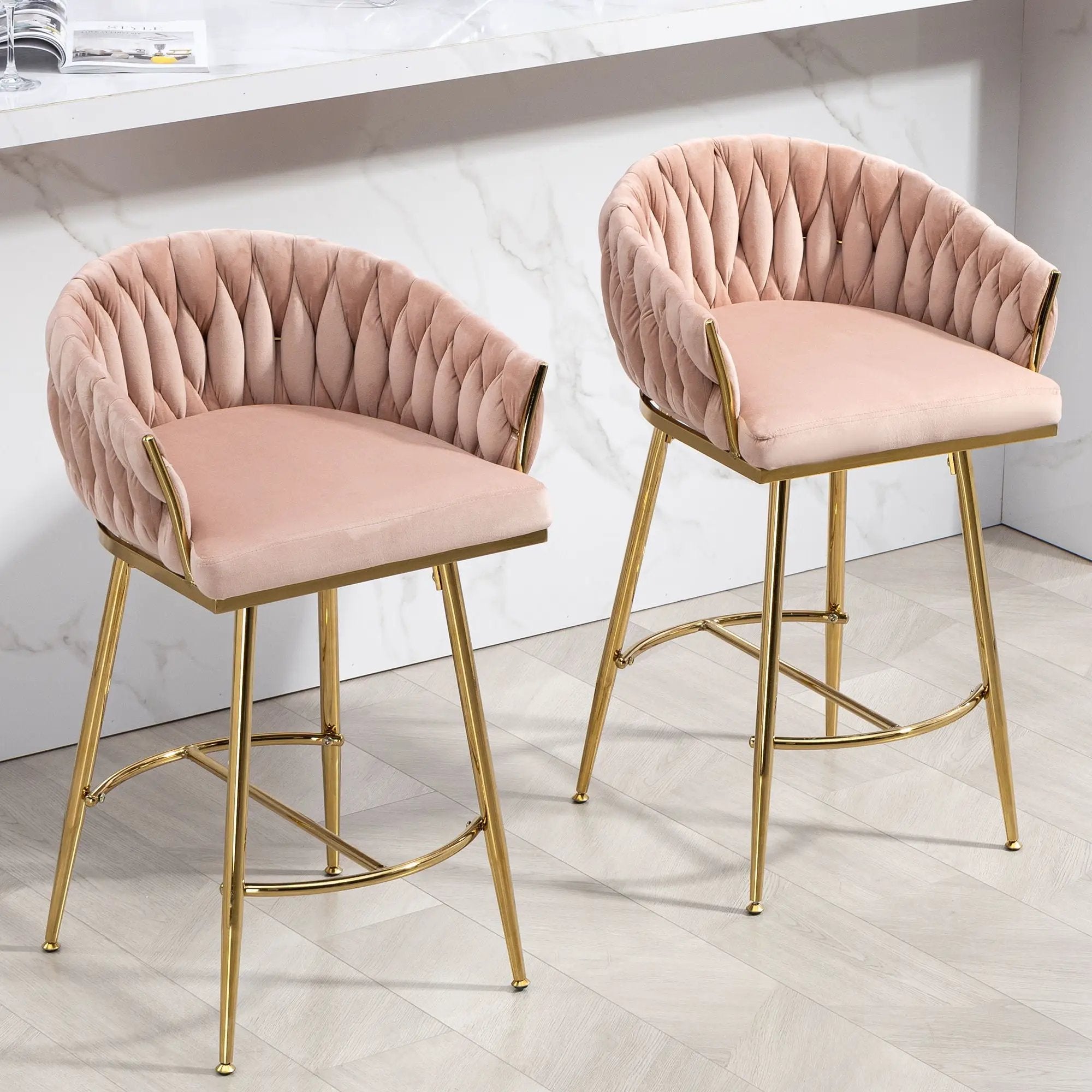 Counter Height Bar Stools Kitchen Island Counter Bar Stool With Hand - Wave Back, Golden Chromed Base And Footrest (Set of 2) - Pink by HouseOfZazla