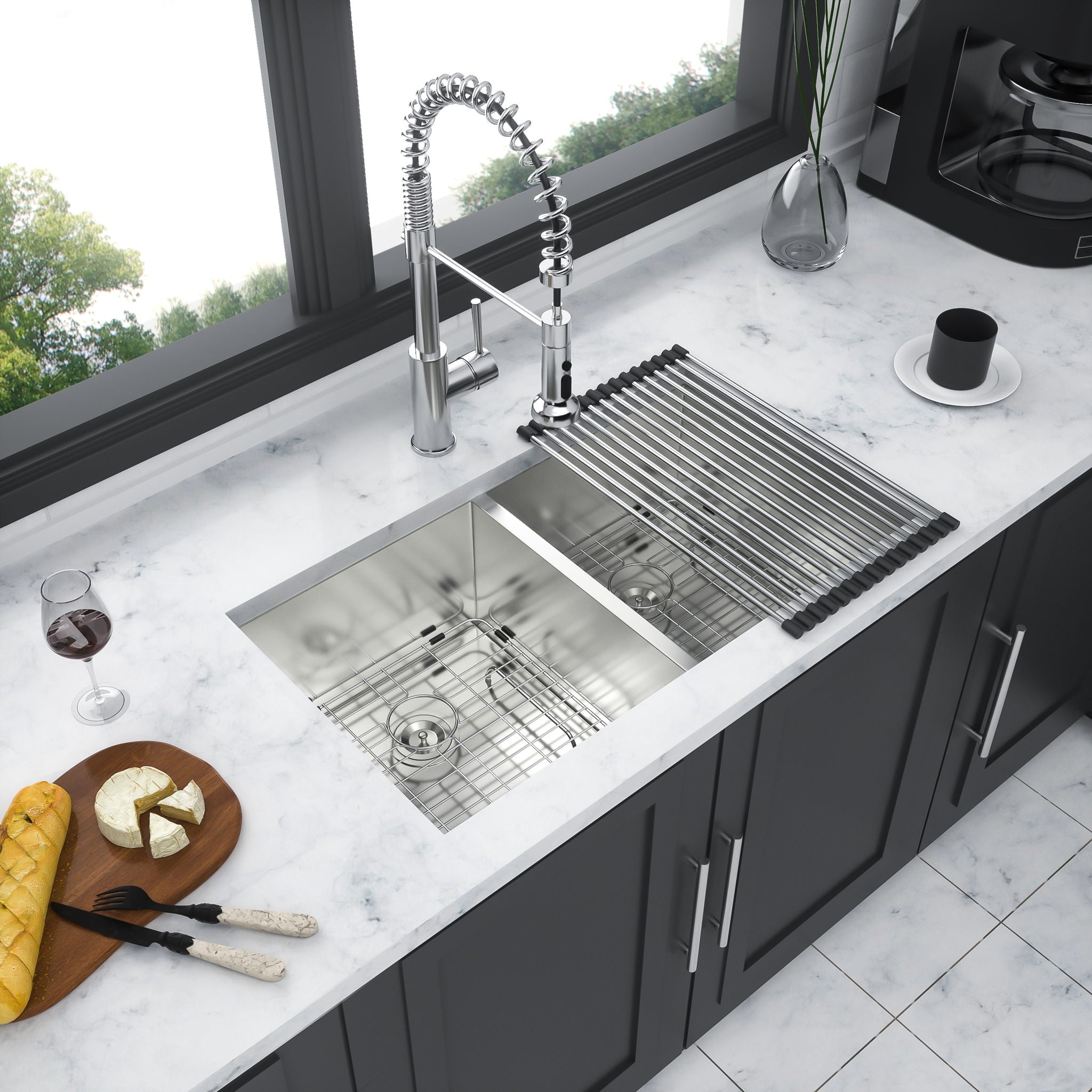16 Gauge Undermount Double Bowl Kitchen Sink With 9" Deep Bowls - Brushed Nickel by HouseOfZazla