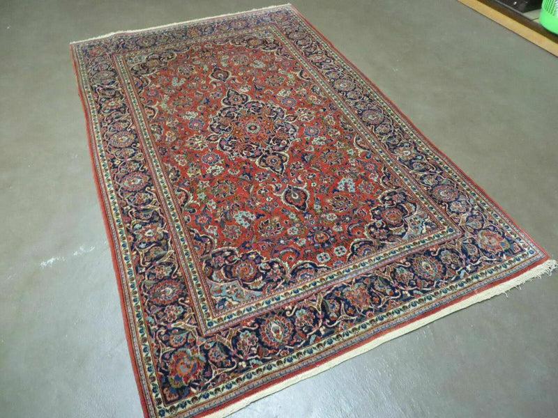 Persian Kashan Rug 4x7, Red and Navy Blue Semi Antique Vintage Wool Oriental Carpet, Hand Knotted Rug, Floral Medallion, High Quality Fine Carpet by Jewel Rugs