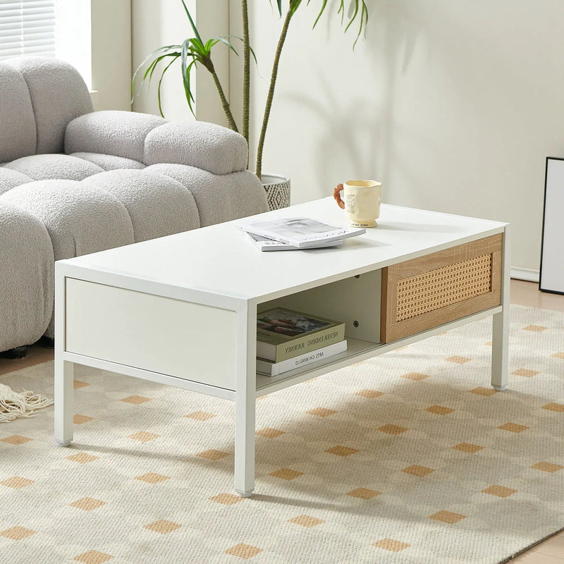 40.16" Rattan Coffee Table, Sliding Door For Storage, Metal Legs, Modern Table For Living Room by Unique Piece Furniture