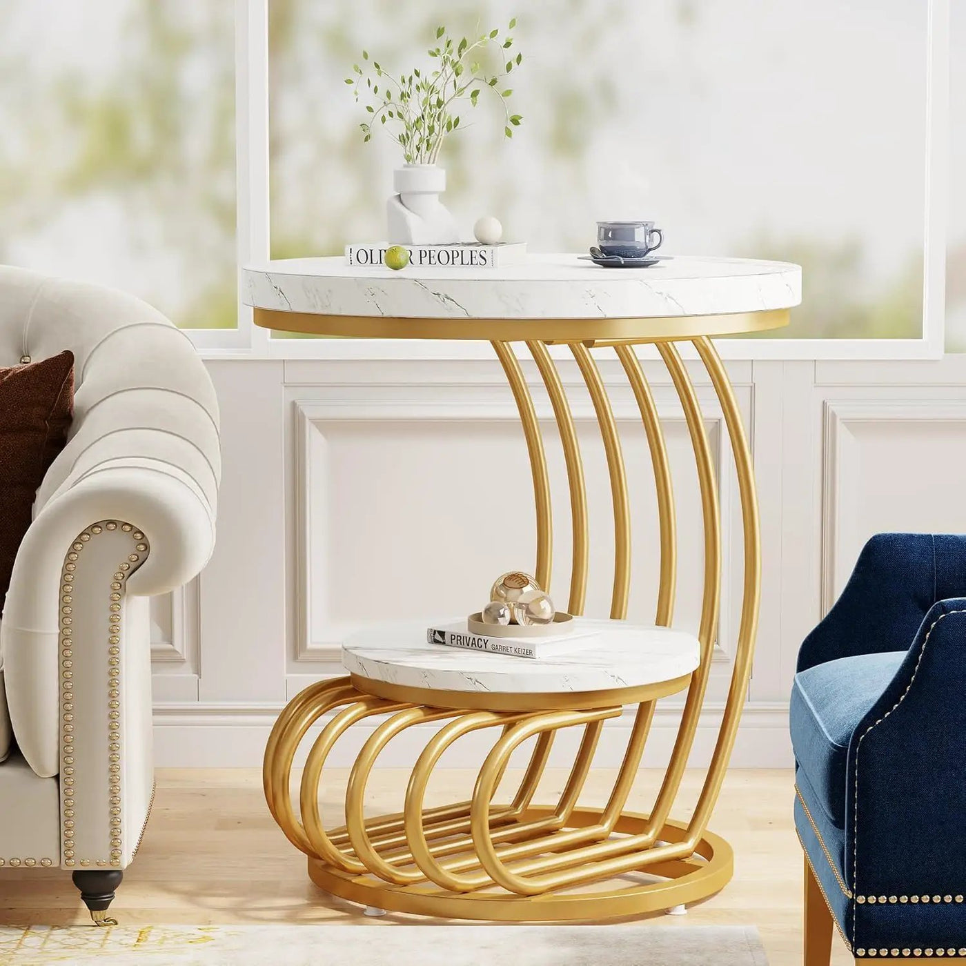 Round Vintage End Table With 2 Tier Storage by HouseOfZazla