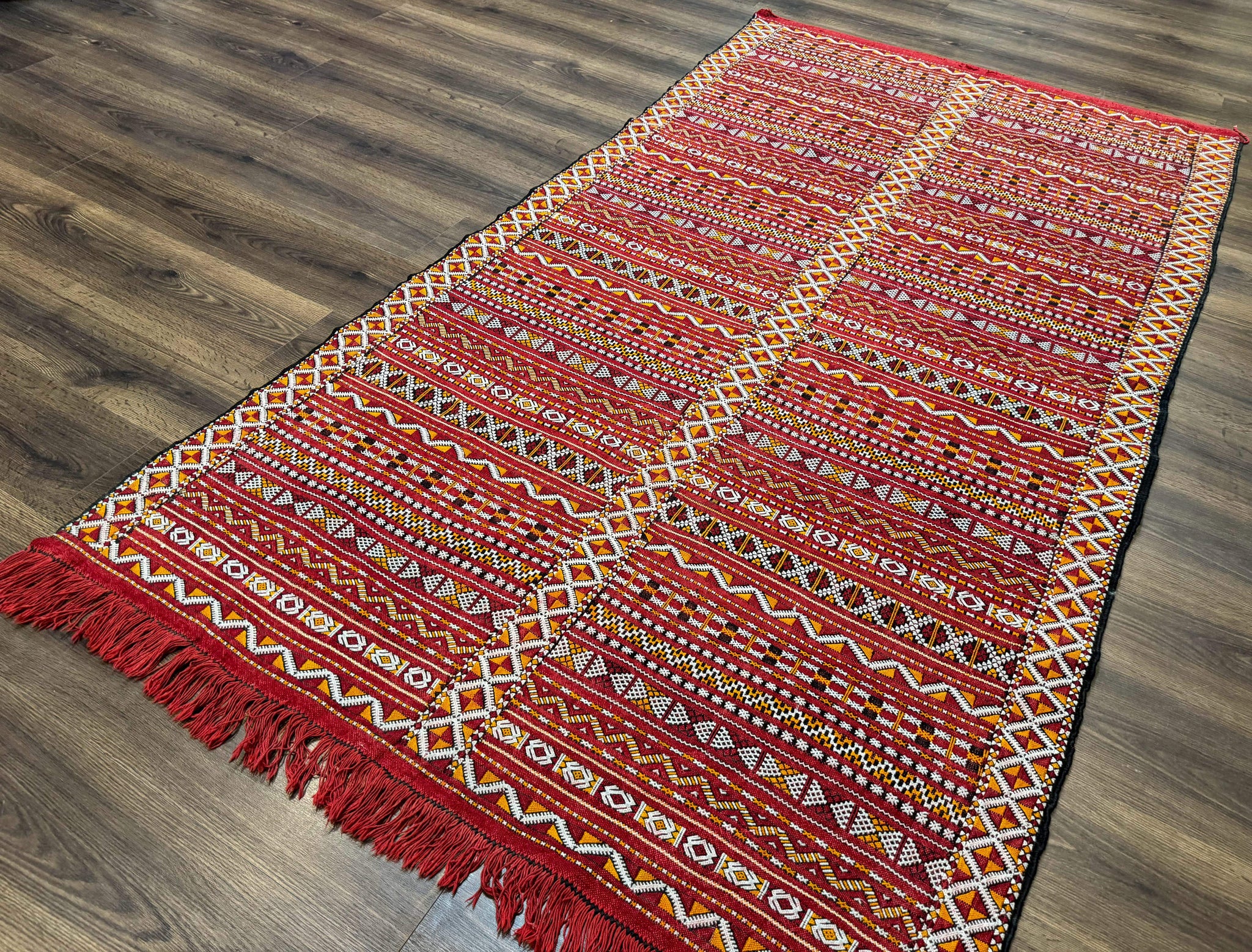Moroccan Kilim Rug 4x8, Flatweave, Bohemian, Red Ivory Orange by Jewel Rugs
