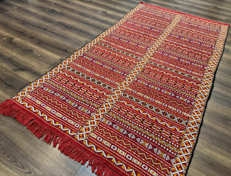 Moroccan Kilim Rug 4x8, Flatweave, Bohemian, Red Ivory Orange by Jewel Rugs