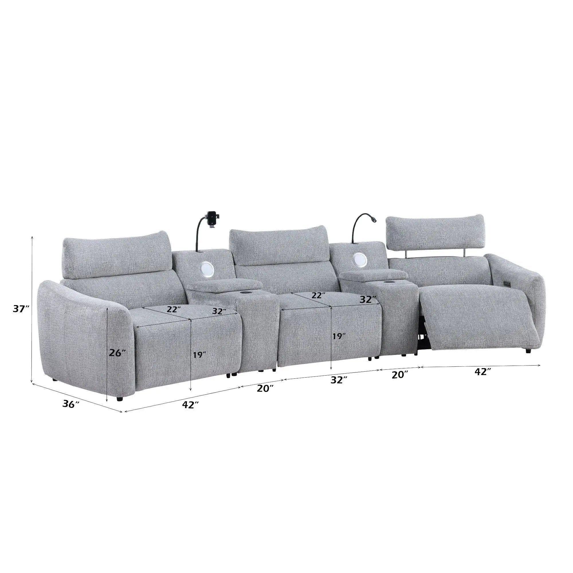 Fullar - Modular Power Motion Sectional Sofa With Console, 2 Wireless Chargers, 4 Cupholders, And 2 Speakers, 1 Phone Holder And 1 Reading Light, Adjustable Headrest - Light Gray by HouseOfZazla
