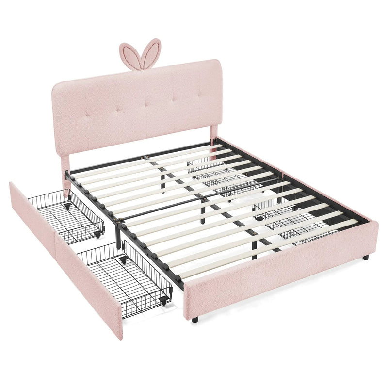 Queen Size Kids Upholstered Bed with Rabbit Ear Headboard & Storage by HouseOfZazla