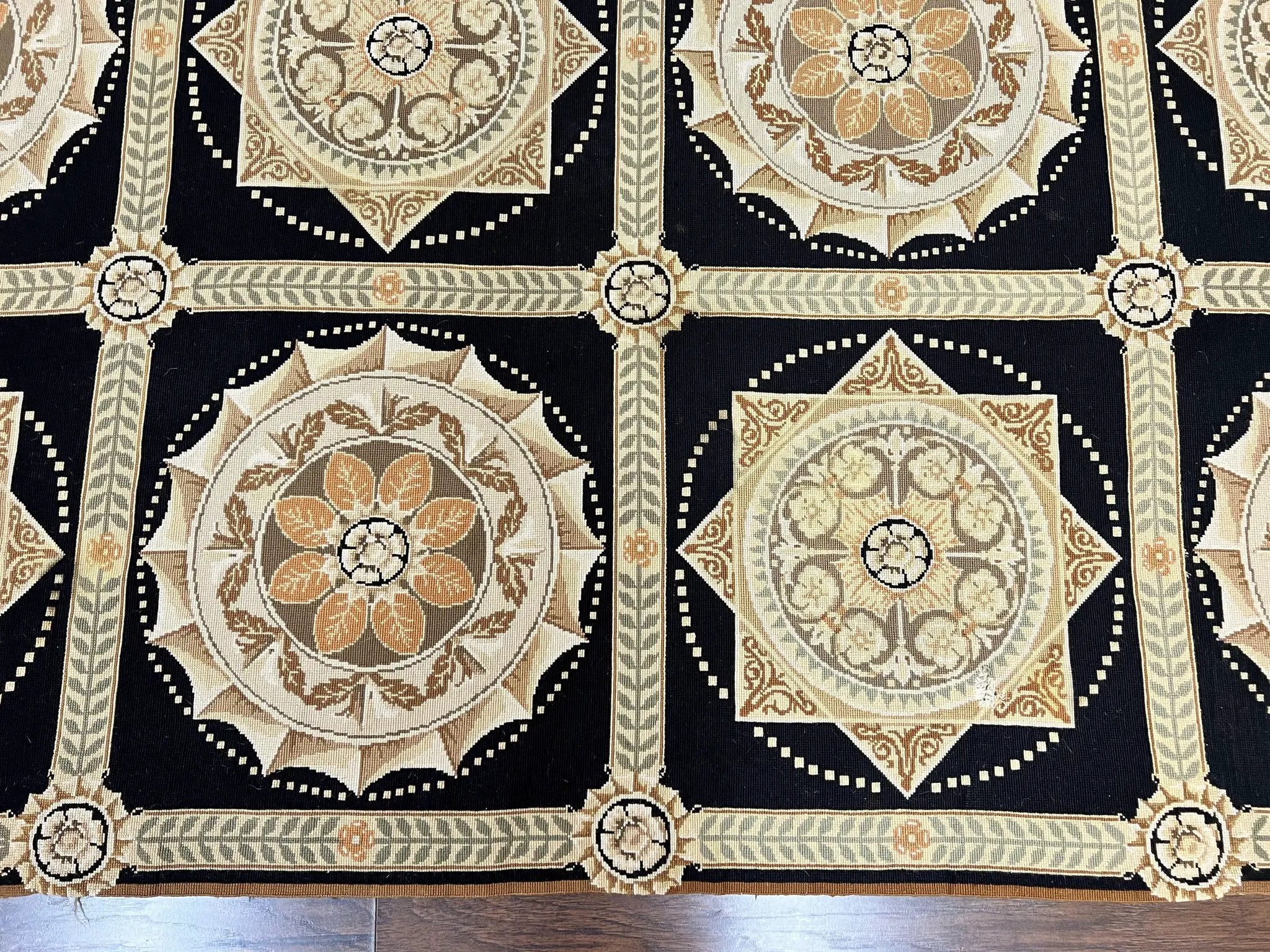 Needlepoint Rug 8x10, Black Tan Beige, Panel Design, Wool Handwoven Handmade Flatweave Needlepoint Carpet, Vintage French European Rug by Jewel Rugs