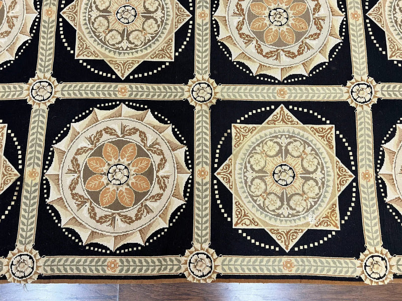 Needlepoint Rug 8x10, Black Tan Beige, Panel Design, Wool Handwoven Handmade Flatweave Needlepoint Carpet, Vintage French European Rug by Jewel Rugs