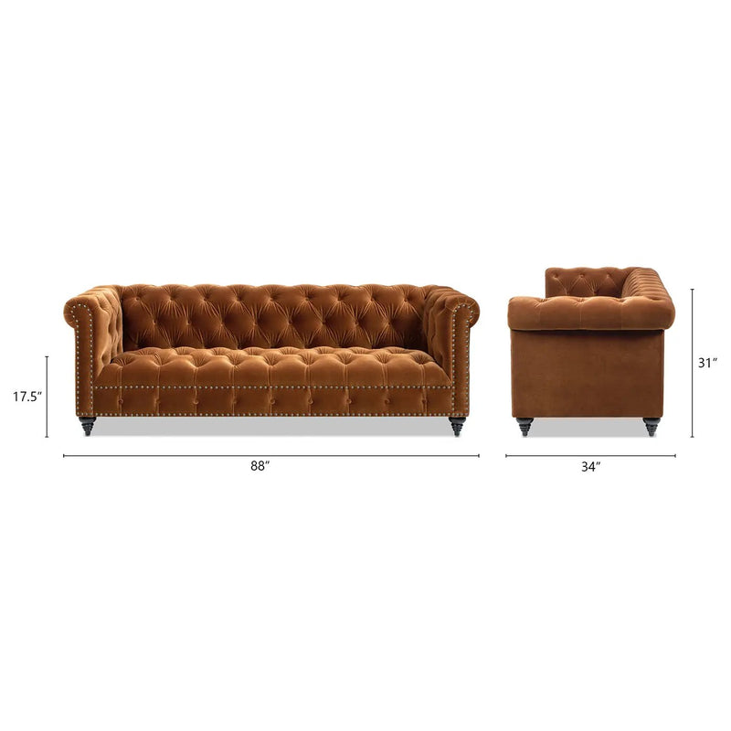 Alto 88' Tufted Chesterfield Sofa, Burnt Orange Performance Velvet by HouseOfZazla