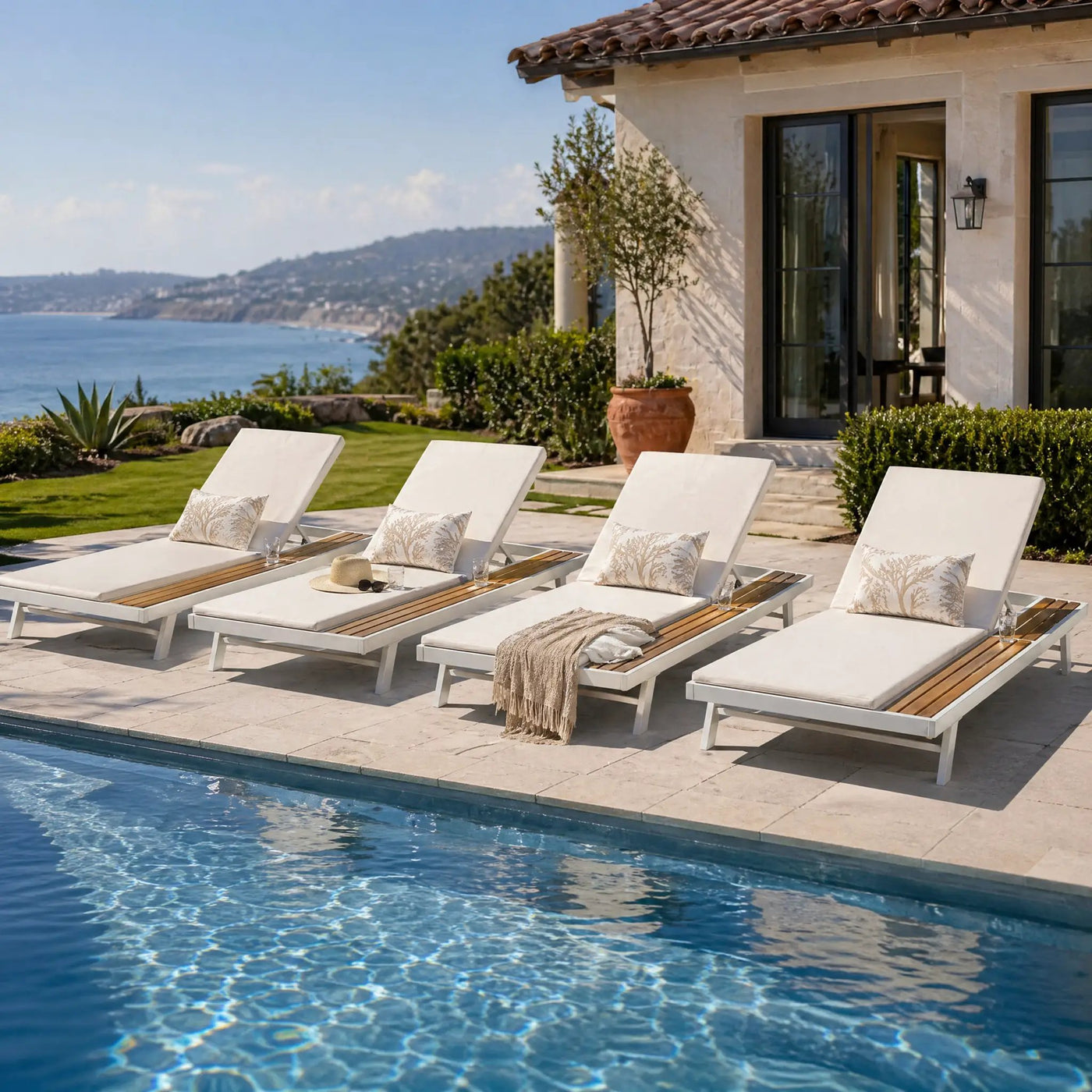 White Iron + Teak Finish Outdoor Chaise Lounge Set by HouseOfZazla