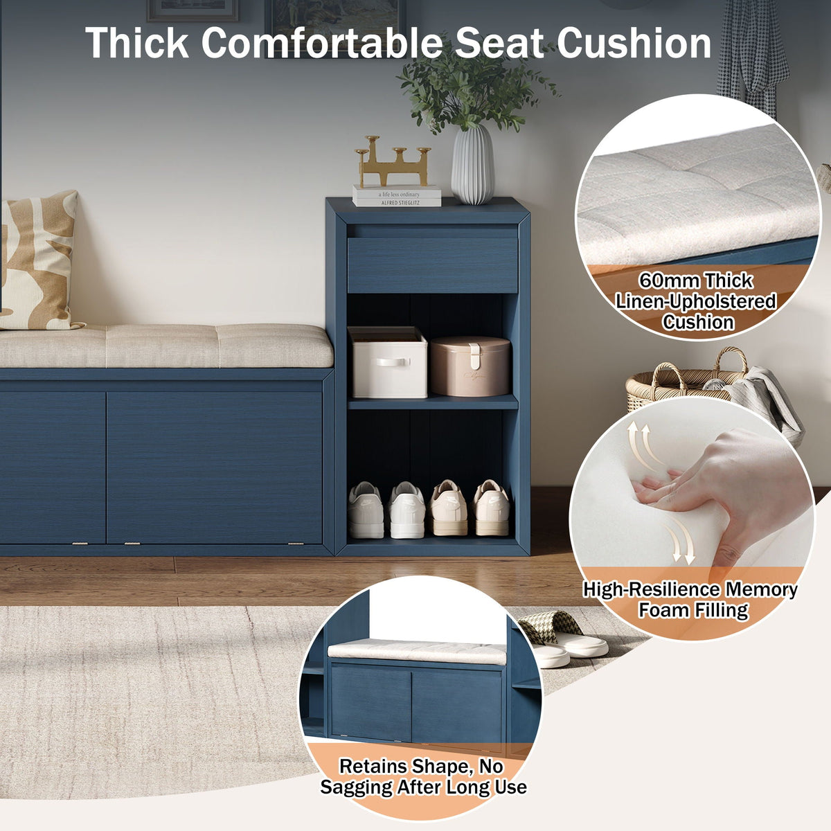 Entryway Storage Bench With Cushion, Drawers & Open Shelves, photo 25 of 25
