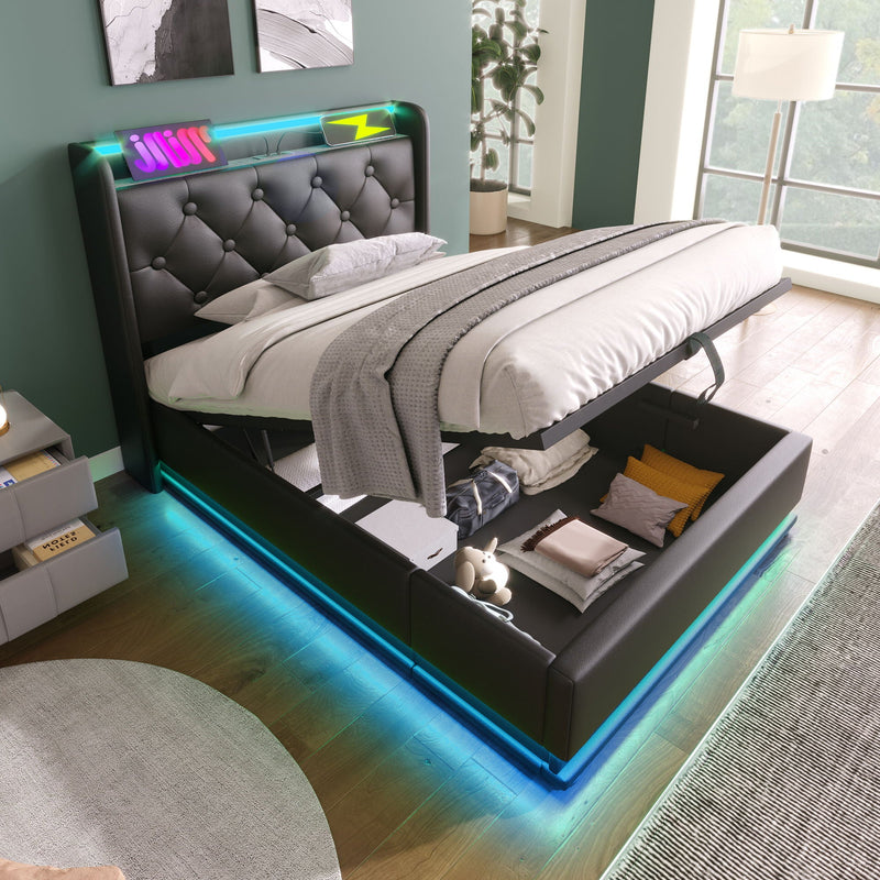 Upholstered Bed, 360 Surround LED Function, Remote Control, Hydraulic Storage Bed With USB, Type-C Charging (Without Mattress) by HouseOfZazla