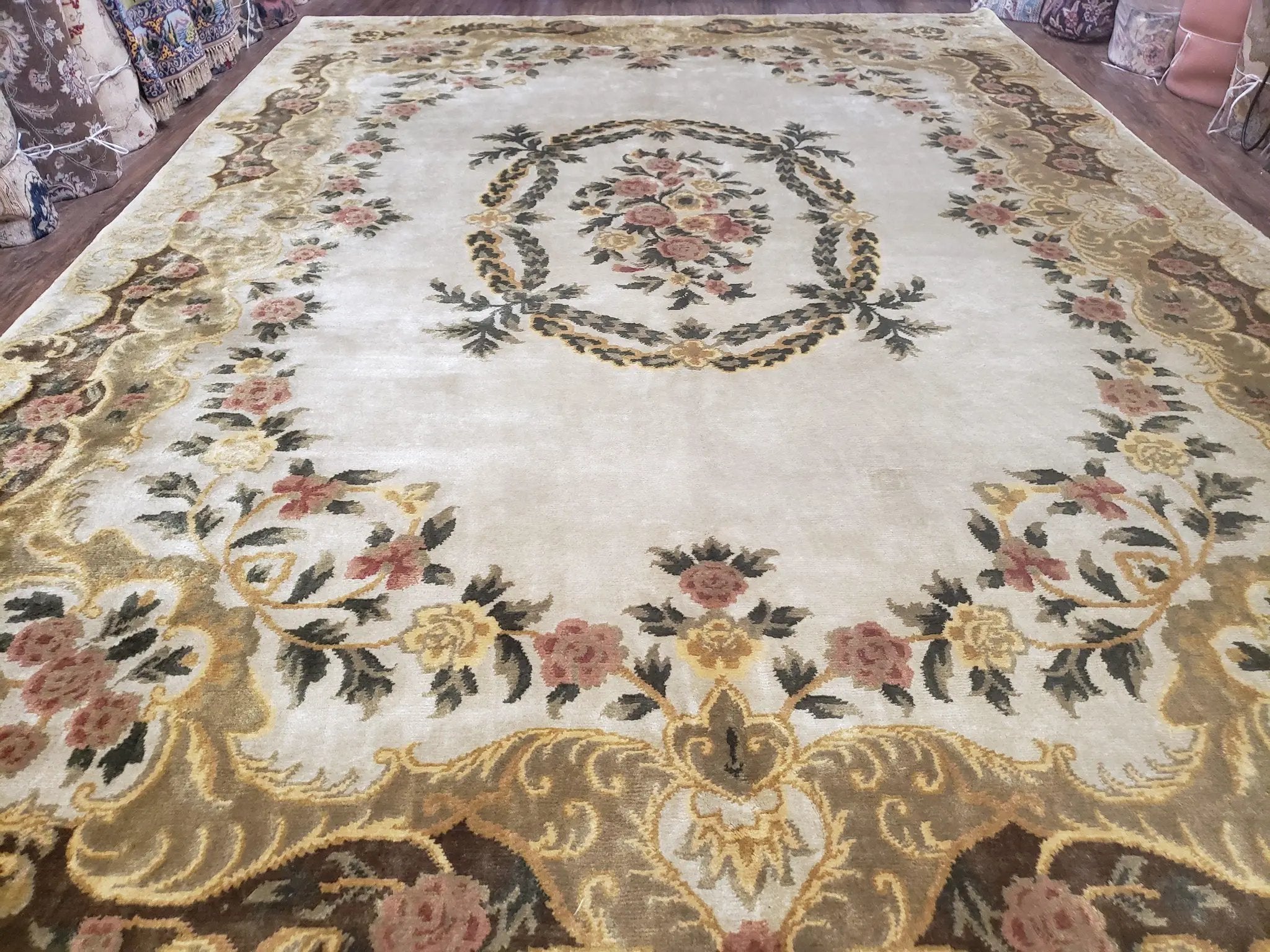 Aubusson Rug 10x14, Elegant French European Design, Vintage Handmade Carpet with Pile, Beige Floral Dining Room Rug, Living Room, Soft Wool by Jewel Rugs