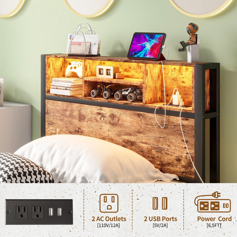 Modern Twin Size Metal Platform Bed Frame With Storage Headboard And Charging Station - Brown by HouseOfZazla