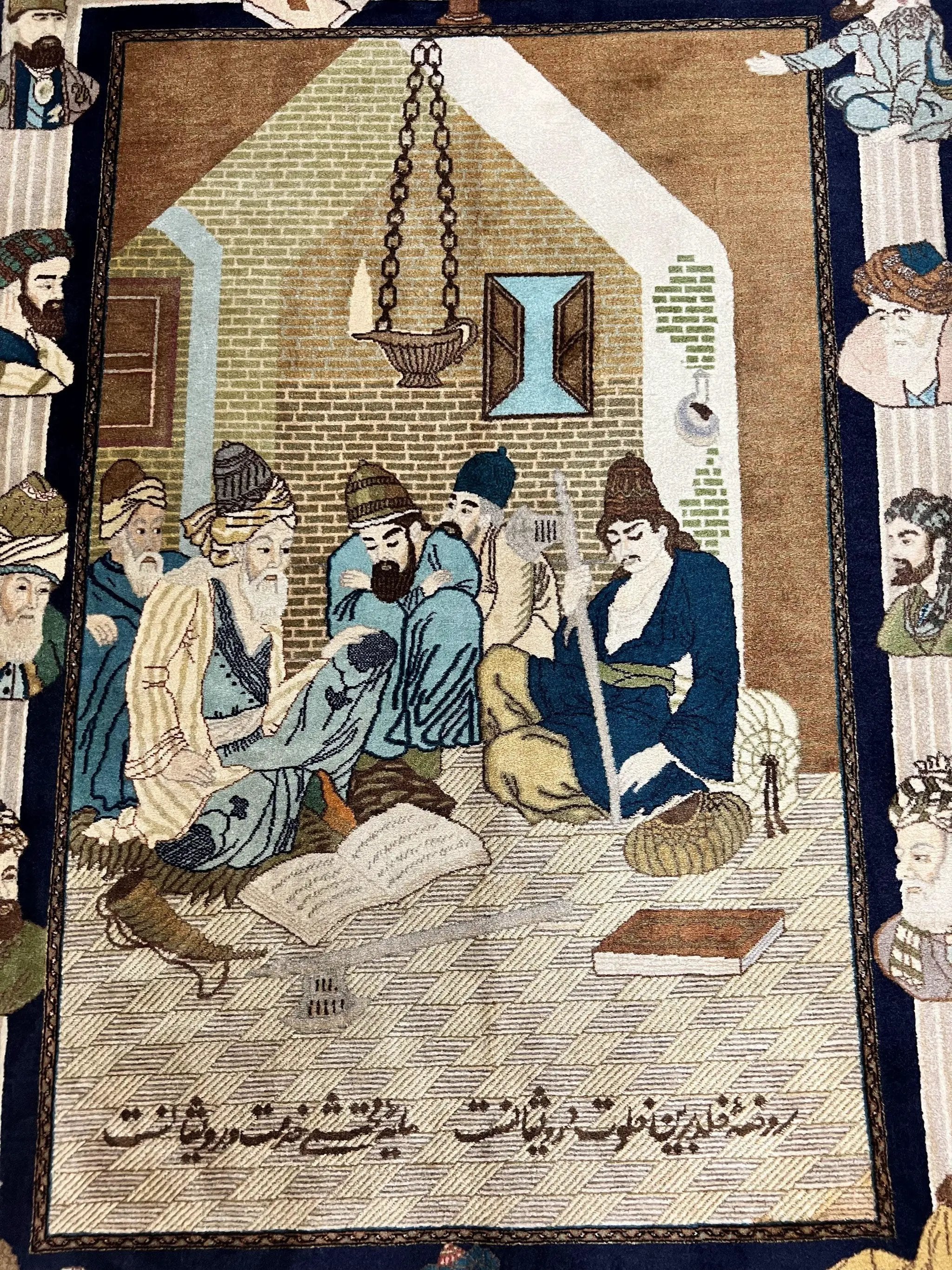 Persian Tabriz Pictorial Rug 3x5, Wall Hanging Carpet, Very Fine 60 Raj 475 KPSI, Hand Knotted Vintage Semi Antique, Wool, Persian Poetry by Jewel Rugs