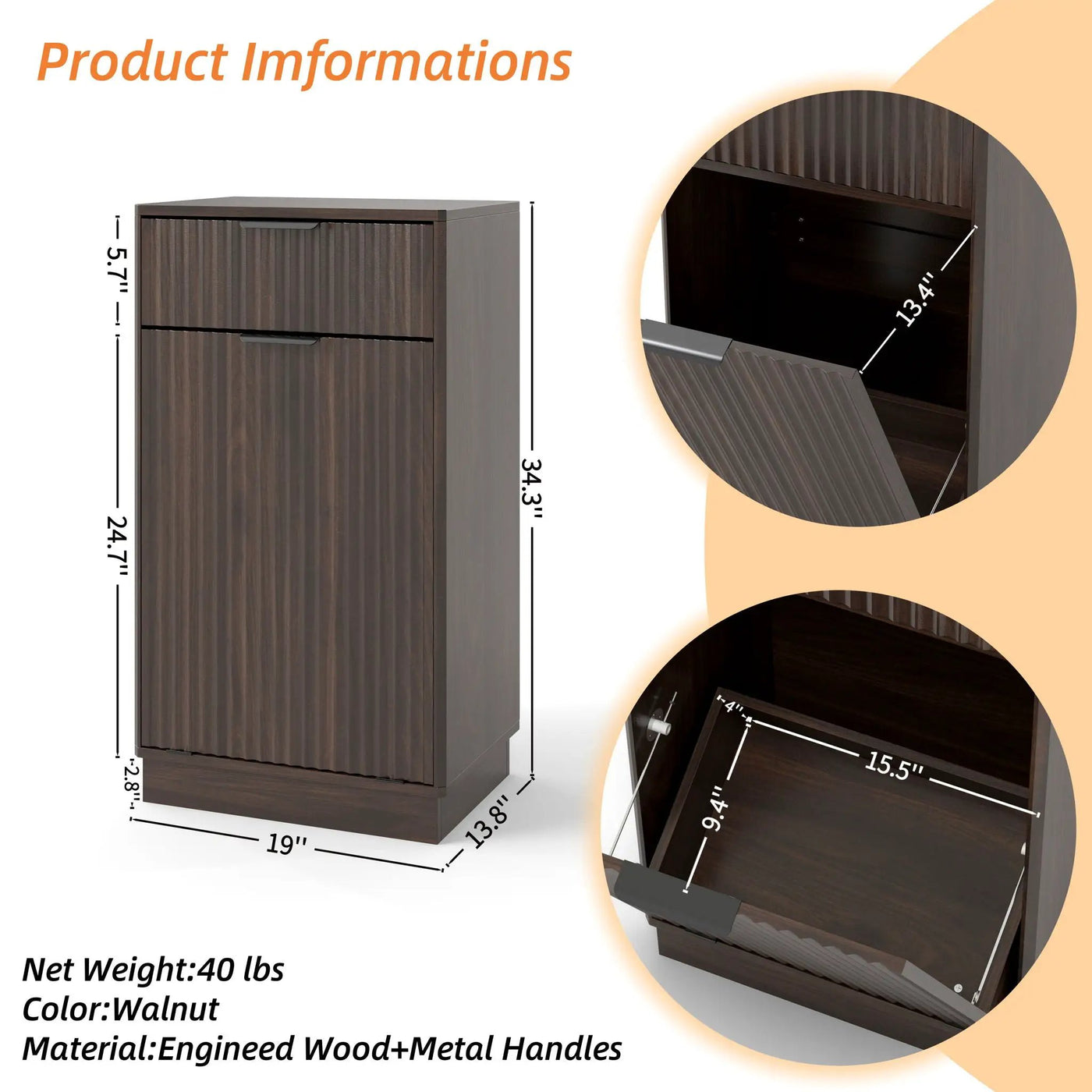 Tilt Out Trash Can Cabinet With Wave Textured Drawer & Pull Out Bin by HouseOfZazla