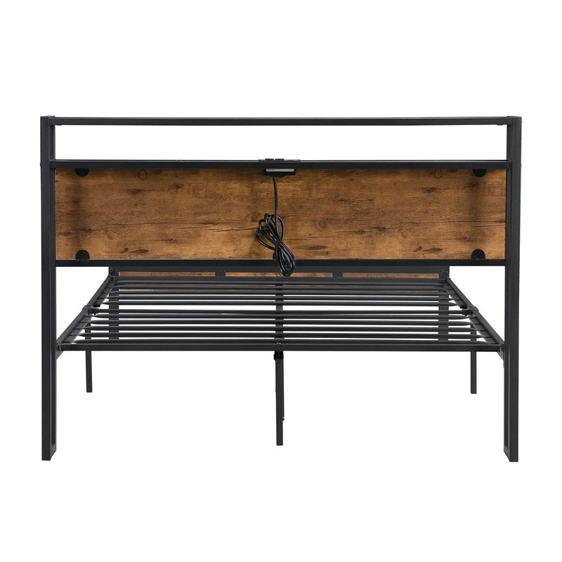 Metal Platform Bed Frame With Wooden Headboard And Footboard With USB Liner, No Box Spring Needed, Under Bed Storage by HouseOfZazla