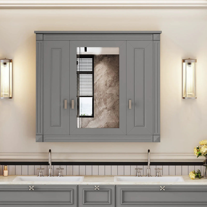 Wall Mounted Bathroom Cabinet With Mirror And 4 Shelves, Rectangular Design - Gray by Unique Piece Furniture
