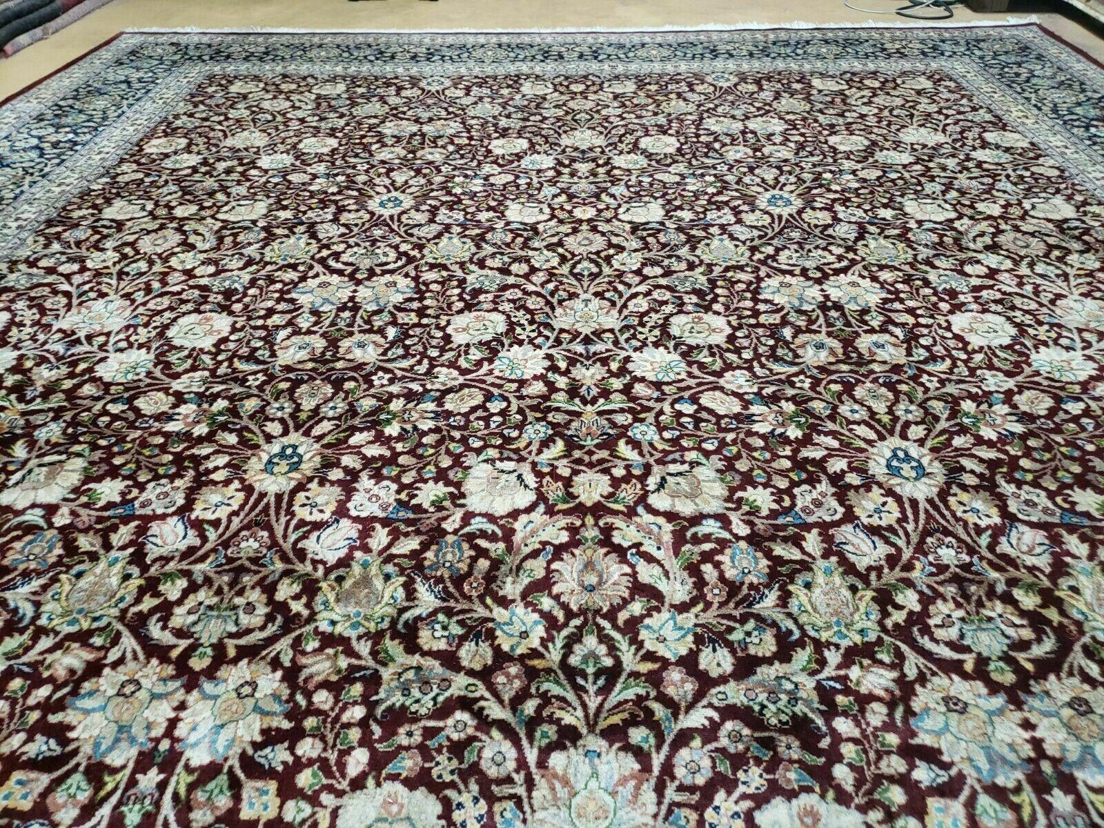 Persian Rug 9x12, Floral Allover, Very Fine, Handmade, Room Sized Oriental Carpet, Sino Persian, Maroon and Navy Blue by Jewel Rugs