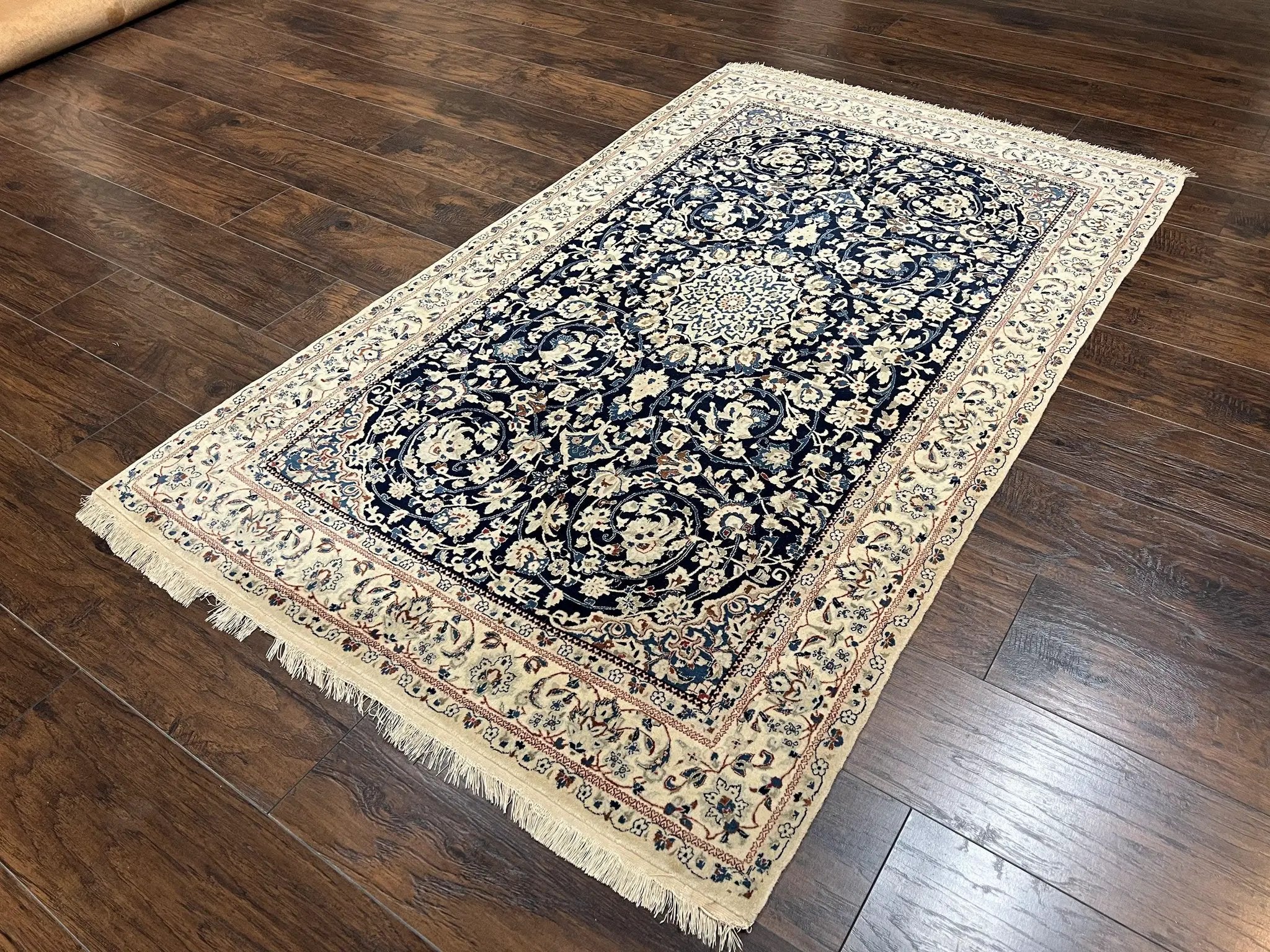 Very Fine Persian Nain Rug 3.7 x 6, Floral Medallion, Wool and Silk Accents, Highly Detailed, Hand Knotted Oriental Carpet, Navy Blue Ivory/Cream by Jewel Rugs