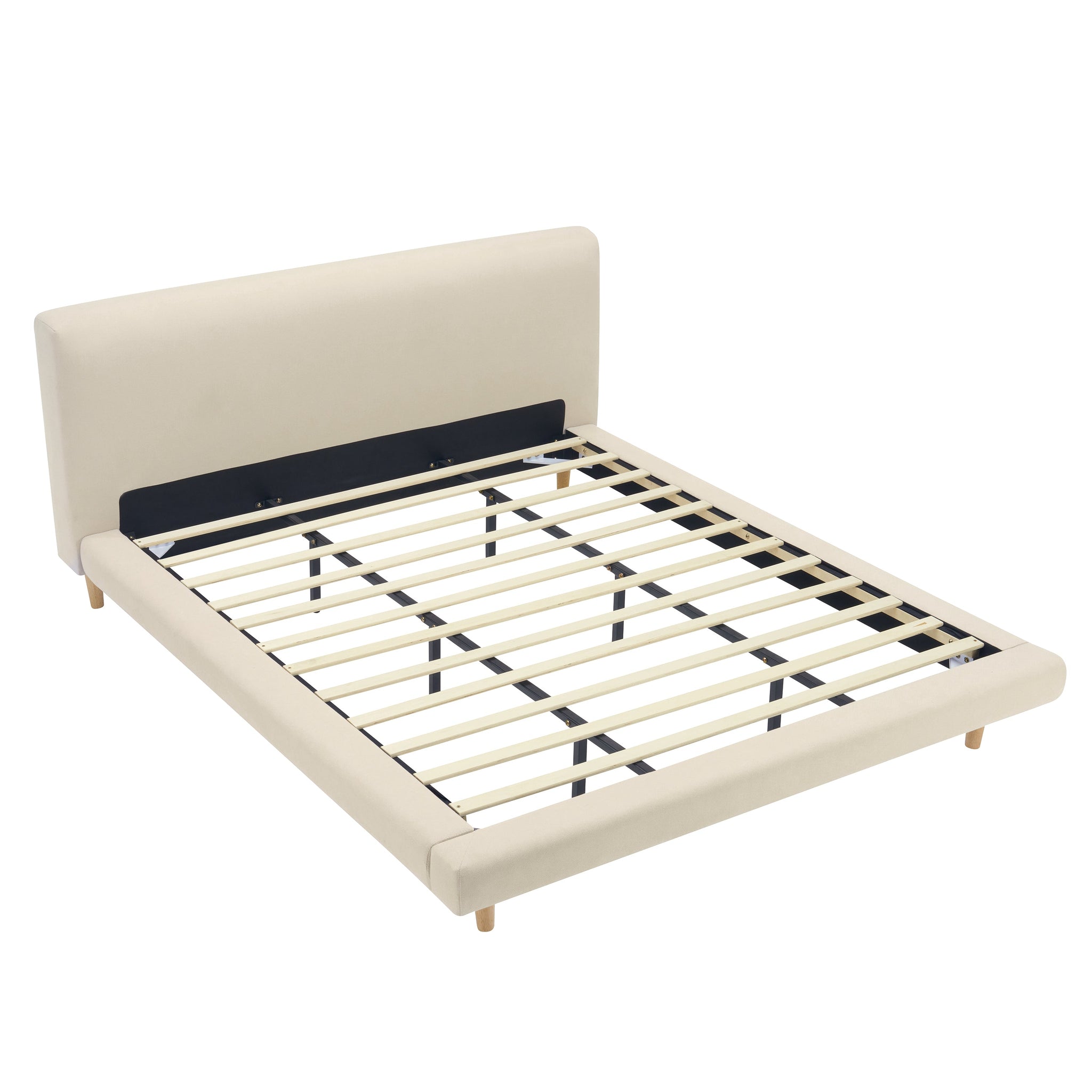 Beige Chunky Headboard Bed Frame with Solid Rubberwood Legs, Cal-King by HouseOfZazla