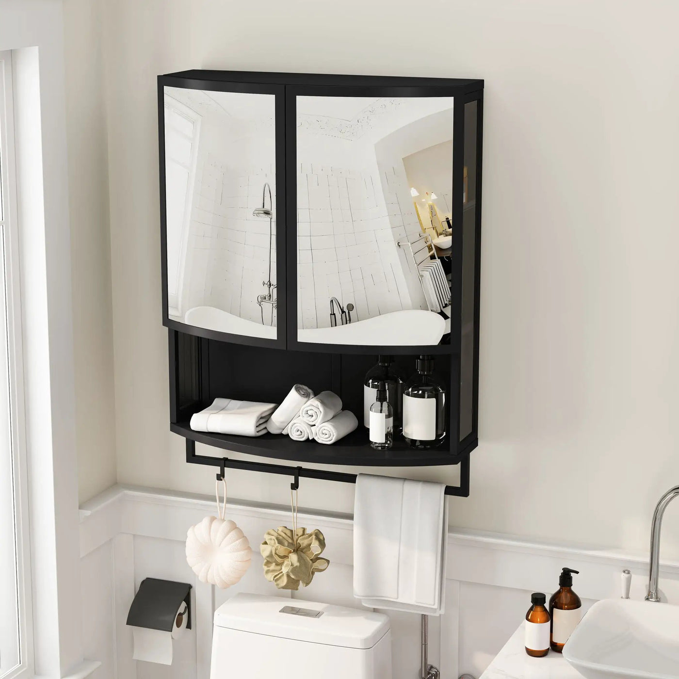 Arched Glass Double Door Wardrobe With Shatterproof Mirror, Open Shelf & Towel Rack by HouseOfZazla