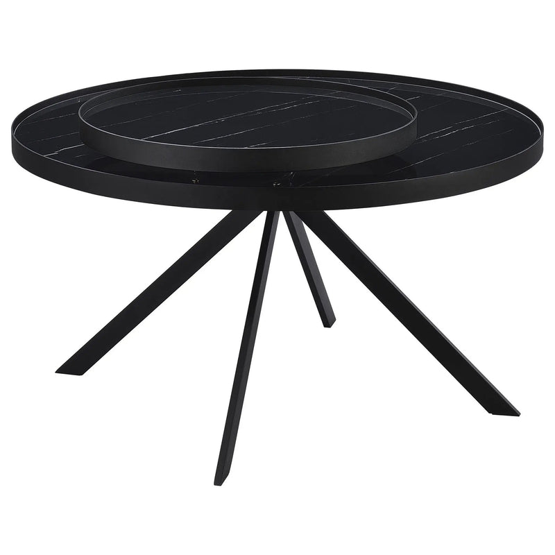 Briggs Round Marble Printed Glass Top Coffee Table Black by Unique Piece Furniture