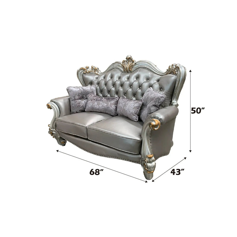 Versailles - Loveseat With 4 Pillows - Silver Synthetic Leather & Antique Platinum by Unique Piece Furniture