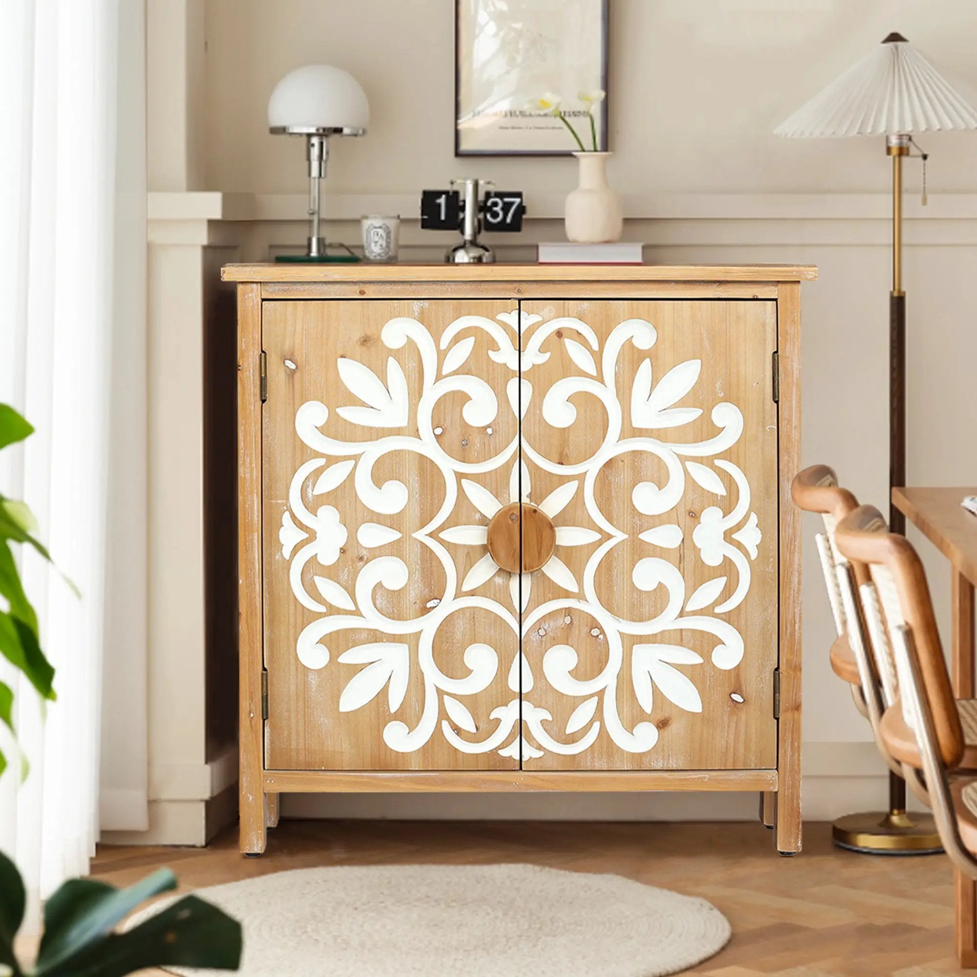 Rustic Wooden Accent Cabinet with Floral Carved Doors by HouseOfZazla