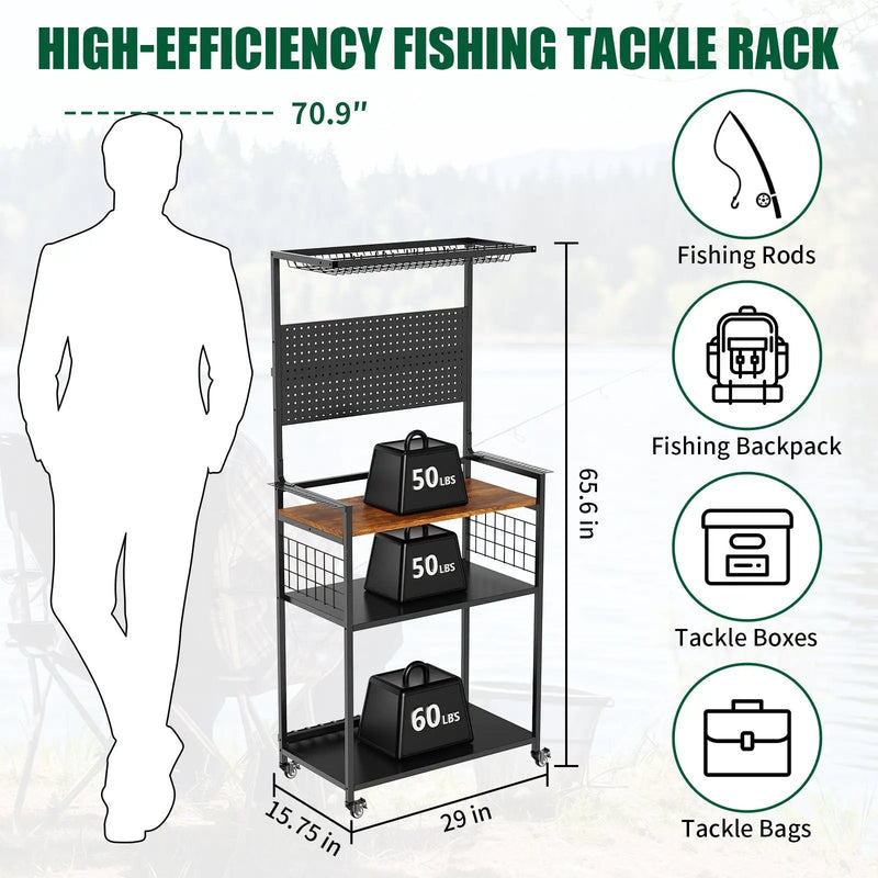 Fishing Rod Storage Rack With Pegboard, Rolling Tackle Organizer Cart - Black by HouseOfZazla